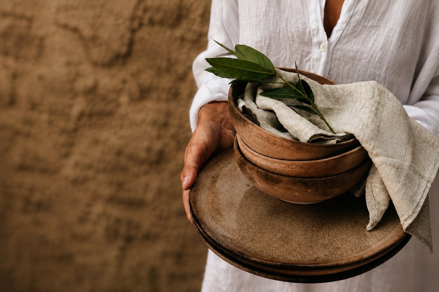 Server carrying stacked ceramic bowls wrapped in linen