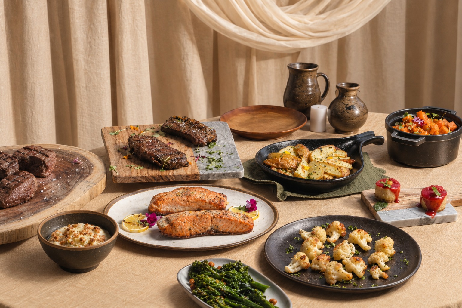 Family-style spread of shared platters — steak, salmon, roasted vegetables, and desserts
