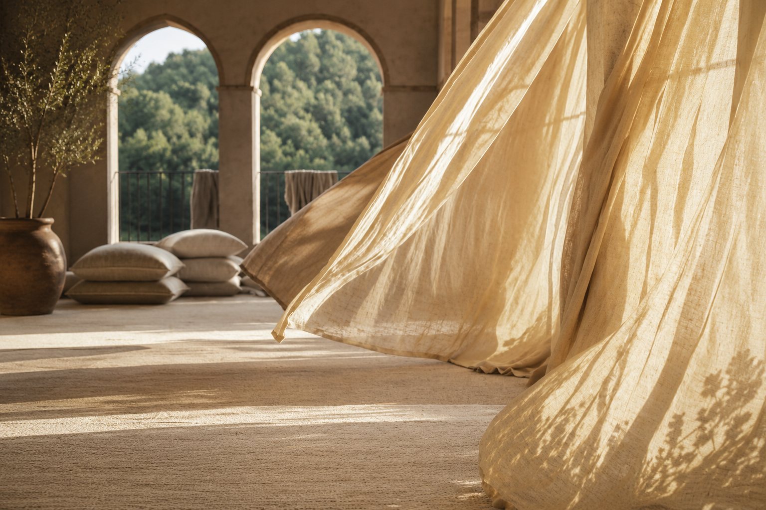 Flowing linen curtains inside an arched interior