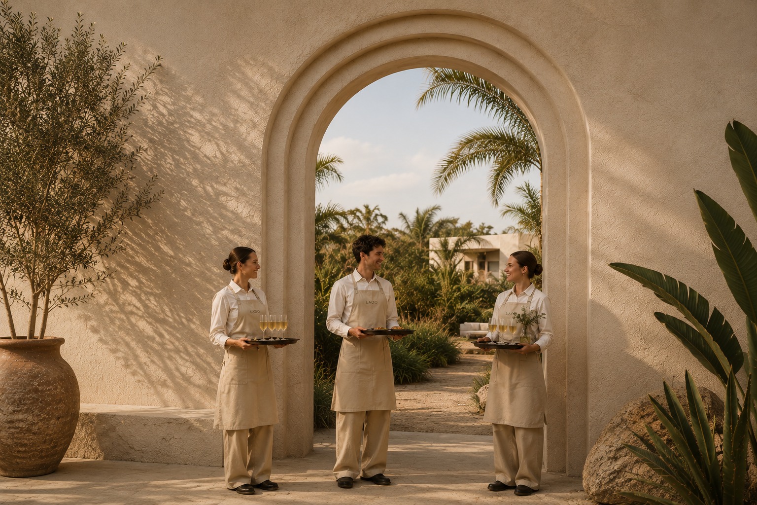 Lado service staff walking through an archway carrying dishes