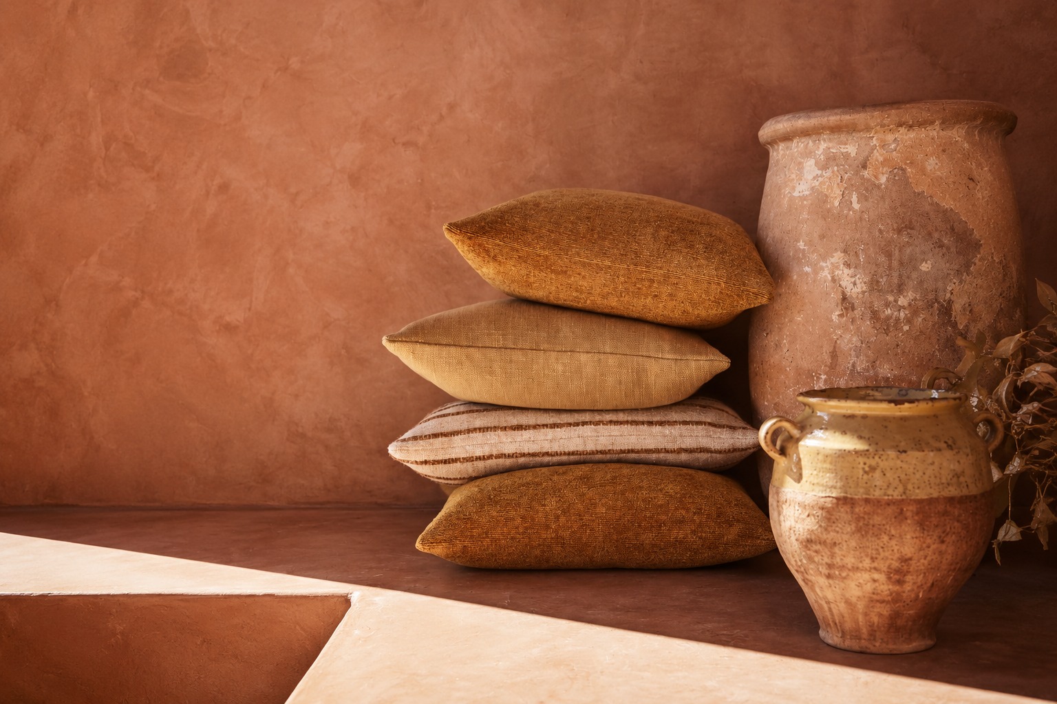 Warm terracotta textures with linen pillows and a clay jug